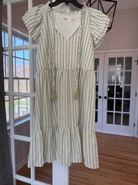 Eliza J Striped Tassel Tie Babydoll Dress - Light Sage & White